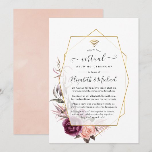 Plum and Blush Floral Geometric Virtual Wedding Kaart (Voorkant / Achterkant)