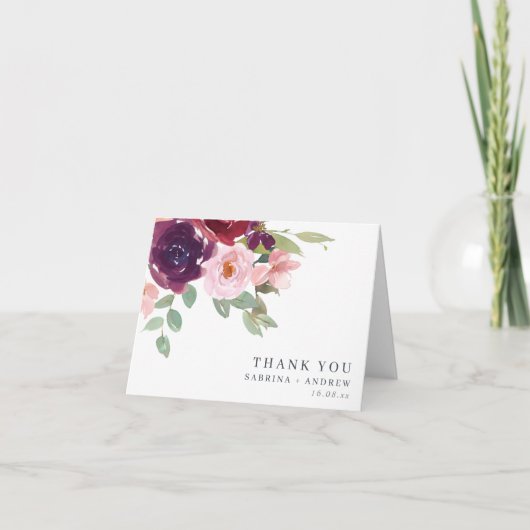 Plum and Blush Floral Wedding Bedankkaart (Voorkant)