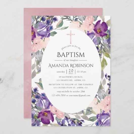 Plum and Blush Pink Floral Baptism of Christening Kaart (Voorkant / Achterkant)