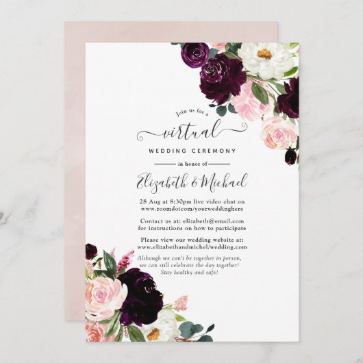 Plum and Blush Pink Online Virtual Wedding Kaart (Voorkant / Achterkant)