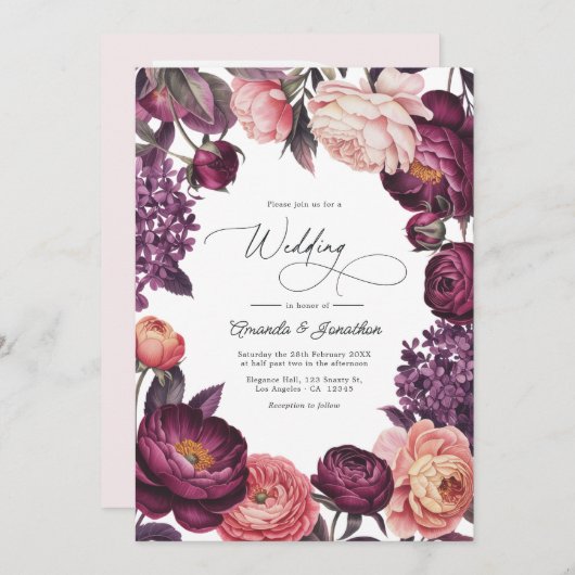 Plum and Blush Watercolor Floral Wedding Photo Kaart (Voorkant / Achterkant)