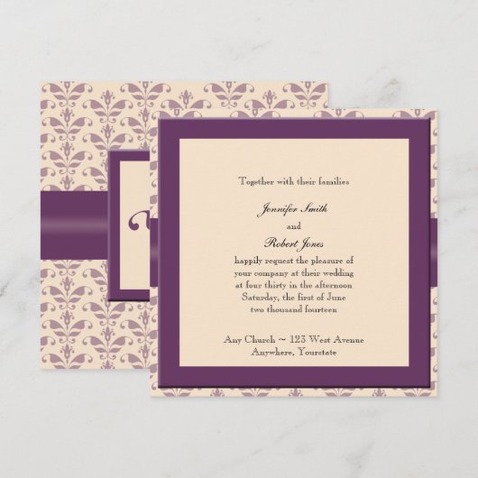 Plum and Champagne Damask Wedding Invitation Kaart (Voorkant / Achterkant)