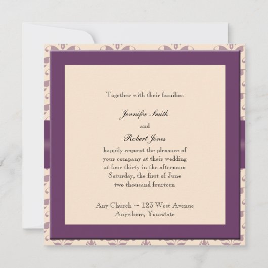 Plum and Champagne Damask Wedding Invitation Kaart (Voorkant)