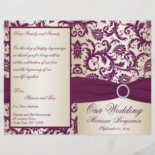 Plum and Champagne Damask Wedding Programme (Voorkant)