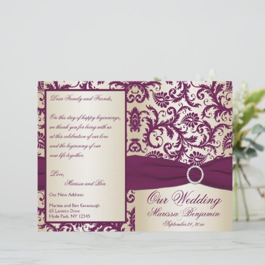 Plum and Champagne Damask Wedding Programme (Staand voorkant)