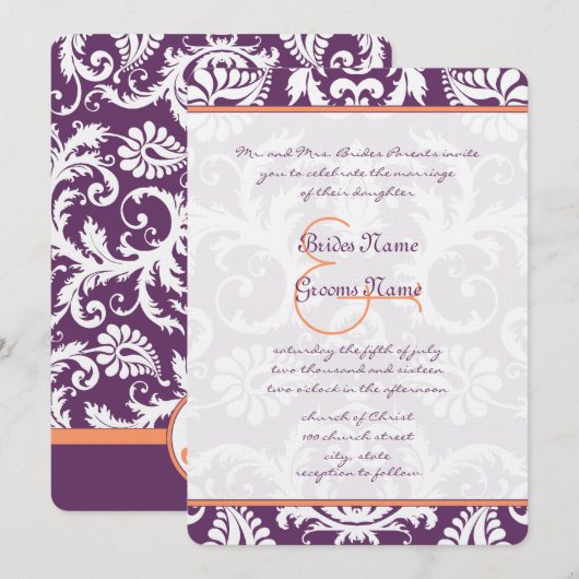 Plum and Coral Damask Wedding Invitations Kaart (Voorkant / Achterkant)