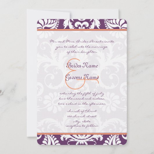 Plum and Coral Damask Wedding Invitations Kaart (Voorkant)