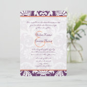 Plum and Coral Damask Wedding Invitations Kaart (Staand voorkant)