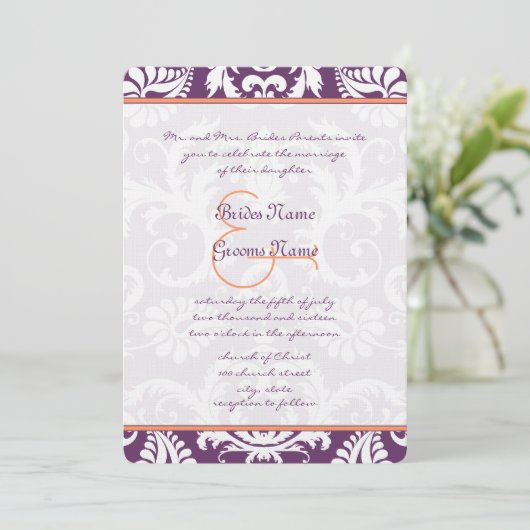 Plum and Coral Damask Wedding Invitations Kaart (Staand voorkant)
