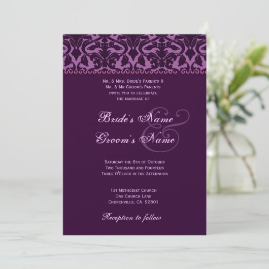Plum and Eggplant Paars Damask Wedding Kaart (Staand voorkant)