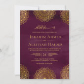 Plum and Gold Asian Motif Muslim Wedding Kaart (Voorkant)