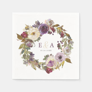 Plum and Ivory Floral Waterverf Wedding Napkins Servet