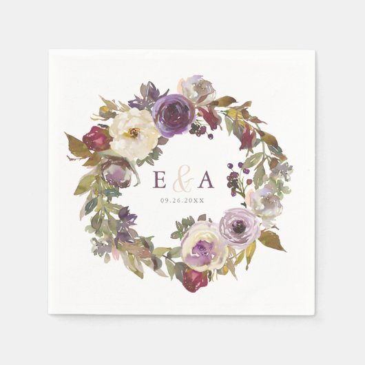 Plum and Ivory Floral Waterverf Wedding Napkins Servet (Voorkant)
