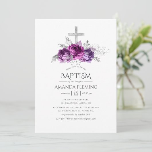 Plum and Navy Floral Baptism of Christening Kaart (Staand voorkant)
