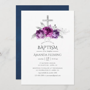 Plum and Navy Floral Baptism of Christening Kaart