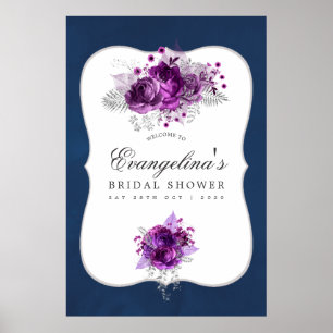 Plum and Navy Floral Vrijgezellenfeest Welkom Poster