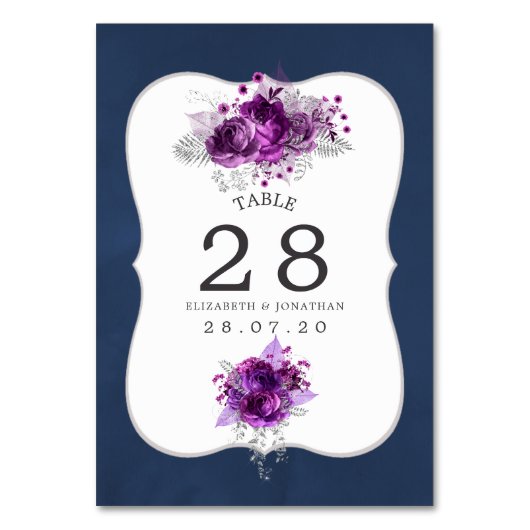 Plum and Navy Floral Wedding Table Number Kaart (Voorkant)
