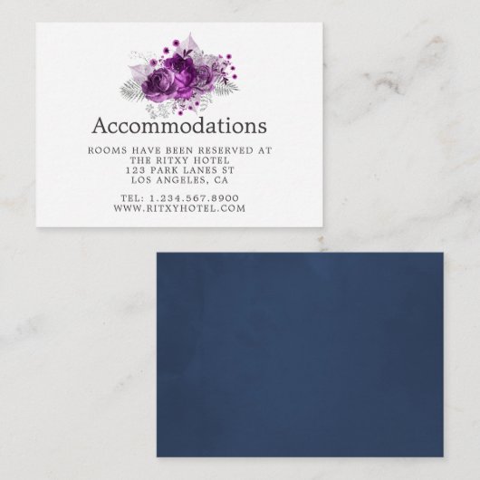Plum and Navy Waterverf Wedding Accommodations Informatiekaartje (Voorkant / Achterkant)