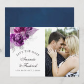 Plum and Navy Waterverf Wedding Save the Date (Voorkant / Achterkant)