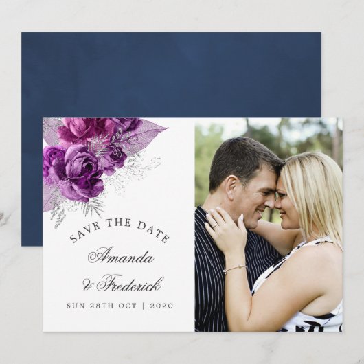 Plum and Navy Waterverf Wedding Save the Date (Voorkant / Achterkant)