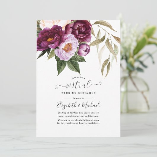Plum and Pastel Violet Floral Virtual Wedding Kaart (Staand voorkant)