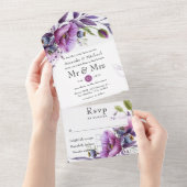 Plum and Pastel Violet Waterverf Floral Wedding All In One Uitnodiging (Afscheurbaar)