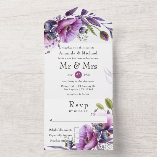 Plum and Pastel Violet Waterverf Floral Wedding All In One Uitnodiging (Binnen)