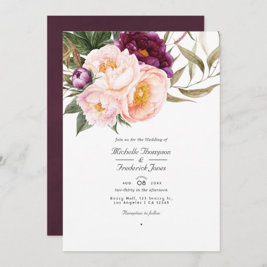 Plum and Peach Floral QR Code RSVP Weddenschap Kaart (Voorkant / Achterkant)