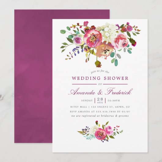 Plum and peach Floral Wedding Shower Invitation Kaart (Voorkant / Achterkant)
