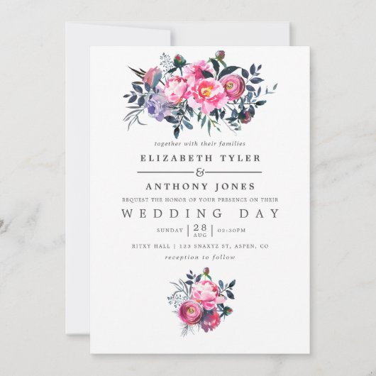 Plum and Pink Waterverf Floral Wedding Invite Kaart (Voorkant)