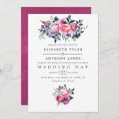 Plum and Pink Waterverf Floral Wedding Invite Kaart (Voorkant / Achterkant)