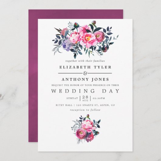 Plum and Pink Waterverf Floral Wedding Invite Kaart (Voorkant / Achterkant)