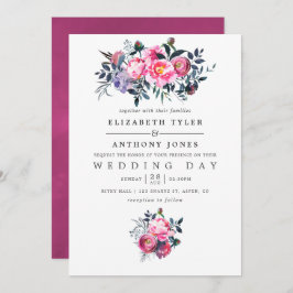 Plum and Pink Waterverf Floral Wedding Invite Kaart