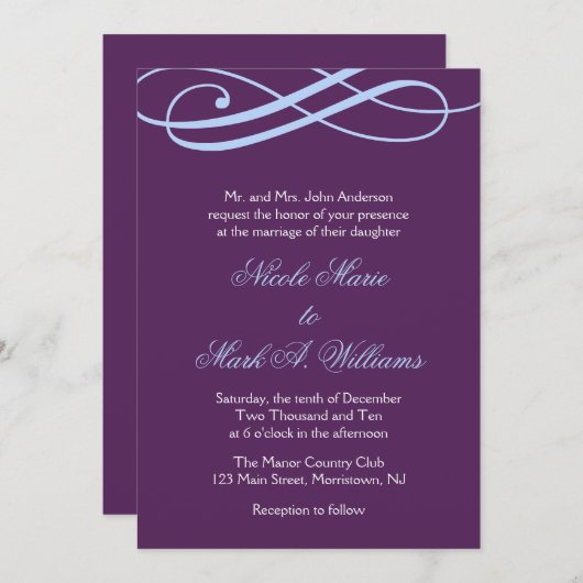 Plum and Powder Blue Swirls Wedding Invitations Kaart (Voorkant / Achterkant)