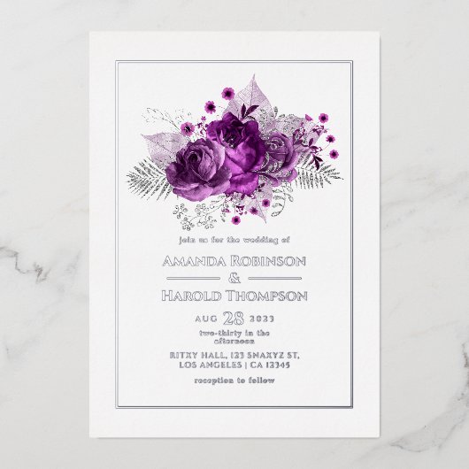 Plum and Silver Waterverf Wedding Folie Uitnodiging (Voorkant)