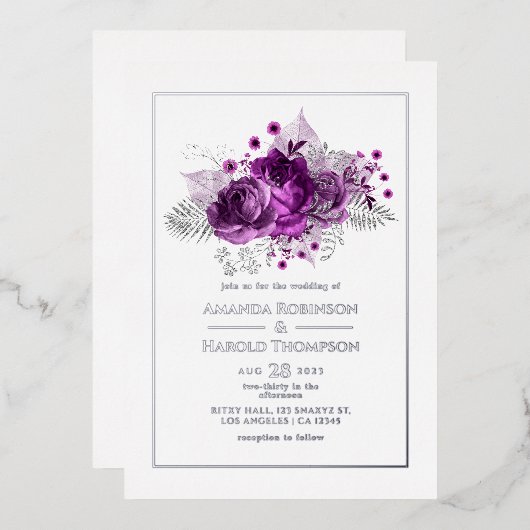 Plum and Silver Waterverf Wedding Folie Uitnodiging (Voorkant / Achterkant)