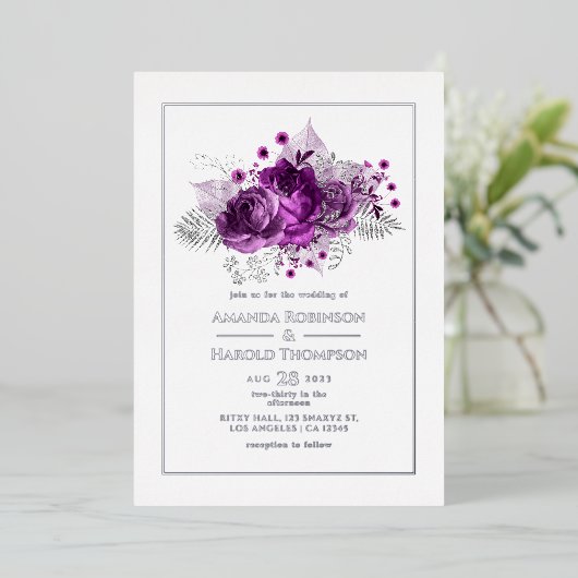 Plum and Silver Waterverf Wedding Folie Uitnodiging (Staand Voorkant)