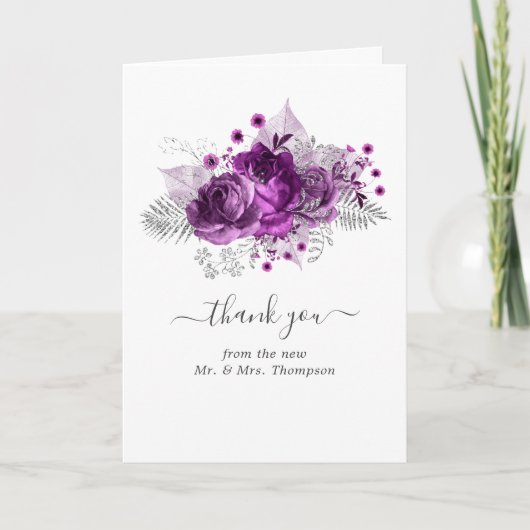 Plum and Silver Waterverf Wedding Photo Bedankkaart (Voorkant)