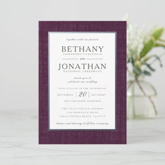 Plum and Silver Wedding Invitation Kaart (Staand voorkant)