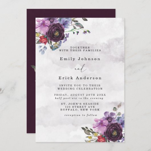 Plum and Violet Chic Peony Wedding Invitation Kaart (Voorkant / Achterkant)