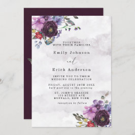 Plum and Violet Chic Peony Wedding Invitation Kaart