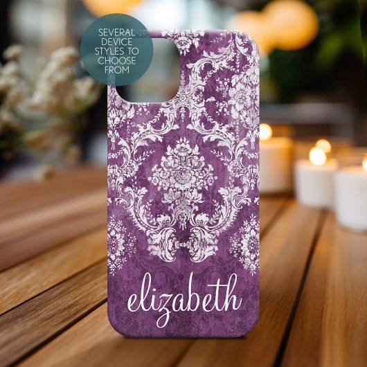 Plum and White Moody Damask Pattern met naam Case-Mate iPhone Case