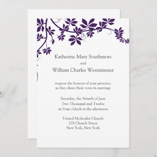 Plum and White Wedding Invitations Kaart (Voorkant / Achterkant)