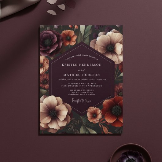 Plum Anemone Botanical Romance Wedding Kaart