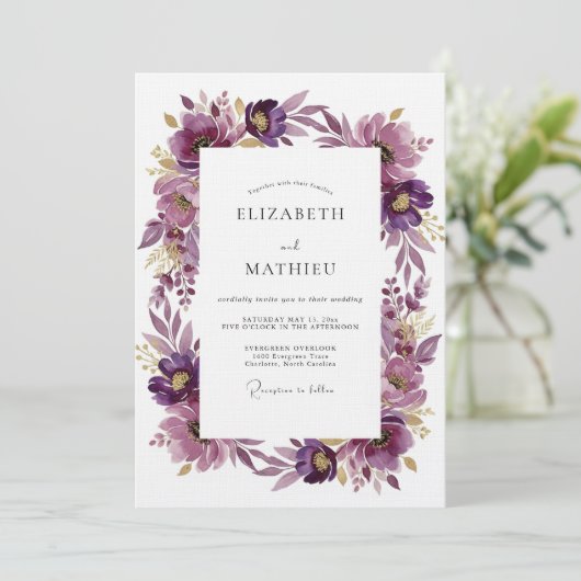 Plum Artistic Blossom Wedding Kaart (Staand voorkant)
