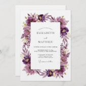 Plum Artistic Blossom Wedding Kaart (Voorkant / Achterkant)