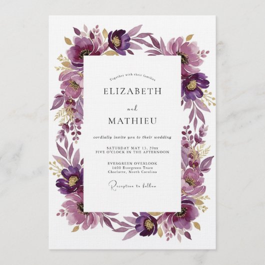 Plum Artistic Blossom Wedding Kaart (Voorkant)