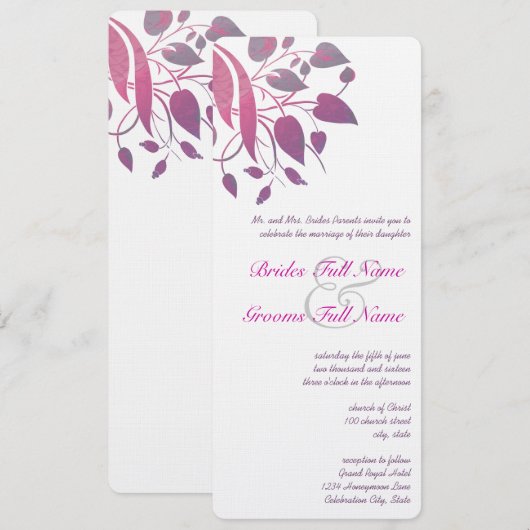 Plum Berry Grey Leaf Swirl Wedding Invites Kaart (Voorkant / Achterkant)
