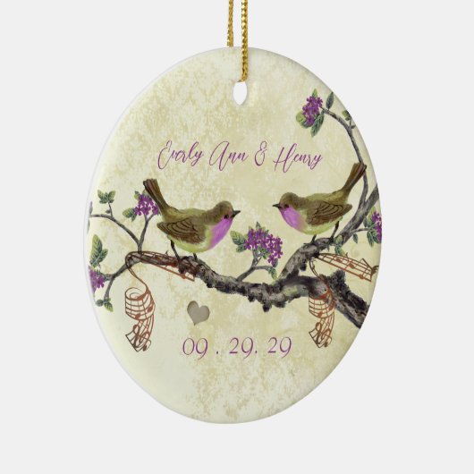 Plum  Bird 1e kerstfoto Brown Notes Keramisch Ornament (Rechts)