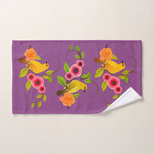 Plum - Bird & Yellow Rose Bad Handdoek (Handdoek)